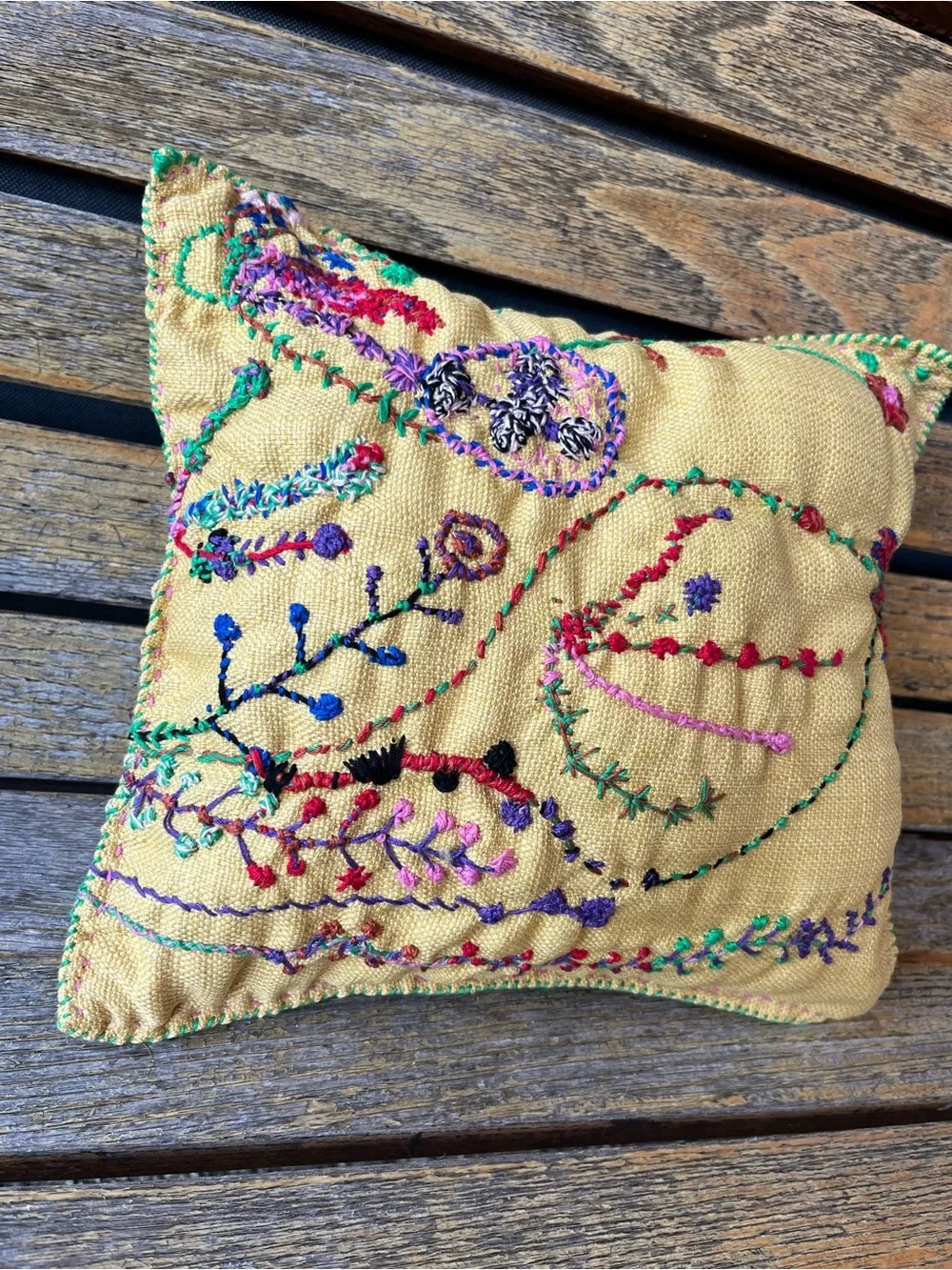 Handmade Embroidered Pillow 12x12x3 Colorful Folk Art Decorative Throw Pillow